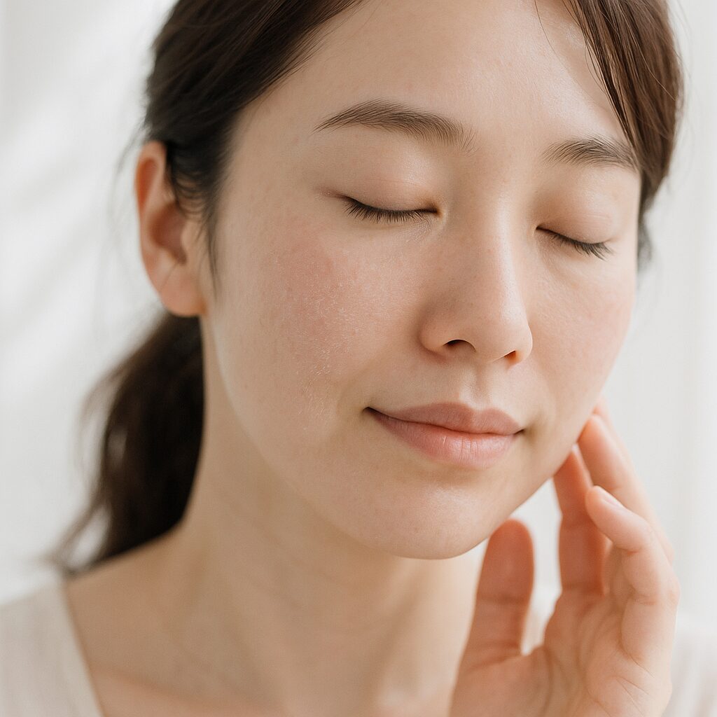 頬に粉ふきや皮むけがある女性の顔のクローズアップ