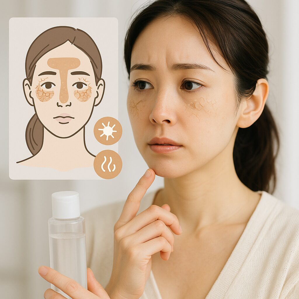 目まわりや小鼻まわりの乾燥の原因を示す顔のイラスト図解