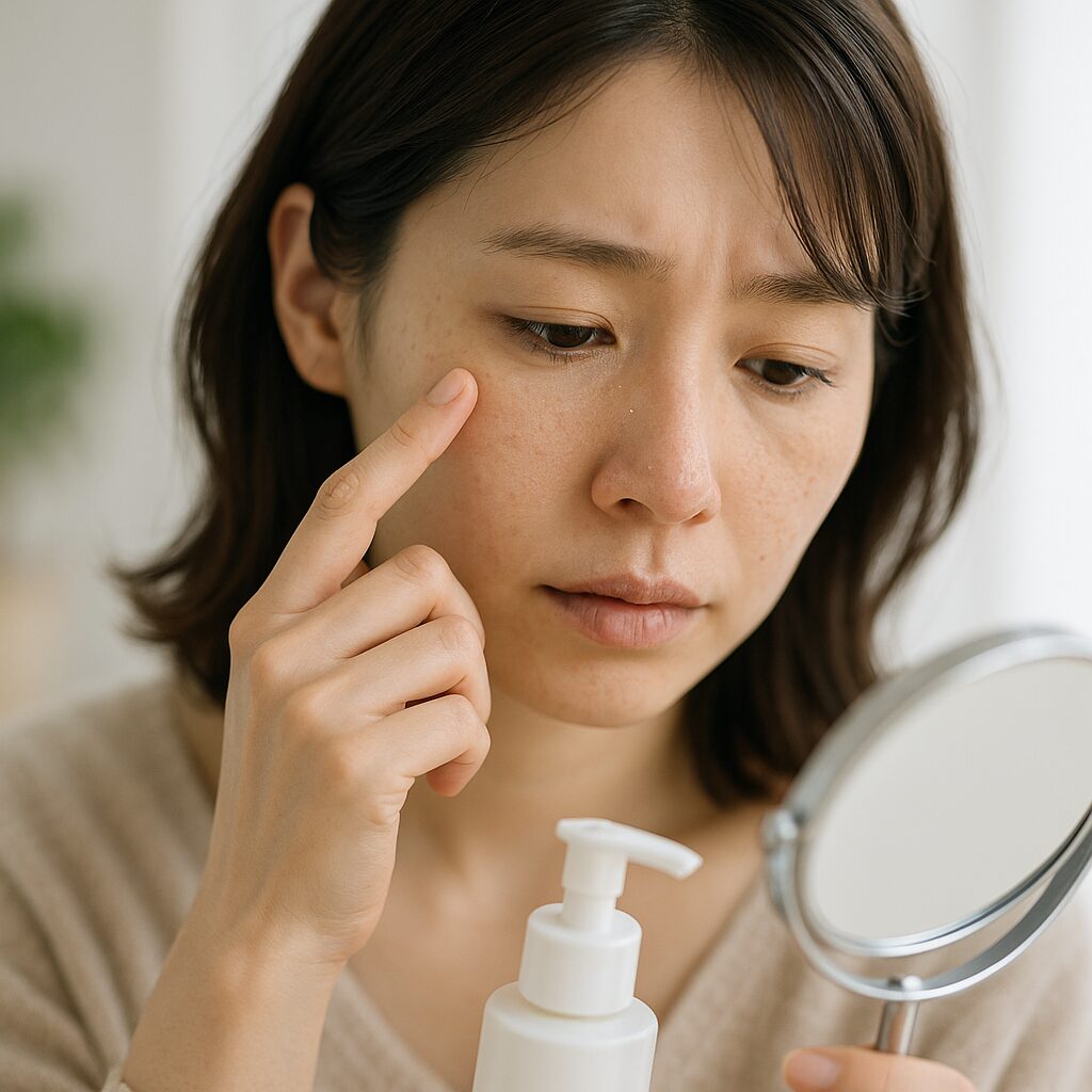 目まわりと小鼻の乾燥が気になる女性が鏡をのぞき込んでいる様子