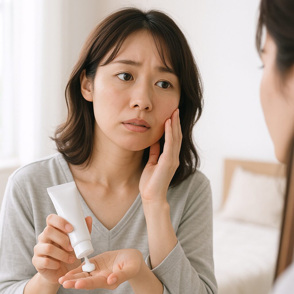日焼け止めを塗る前に鏡を見ながら悩む女性のイメージ