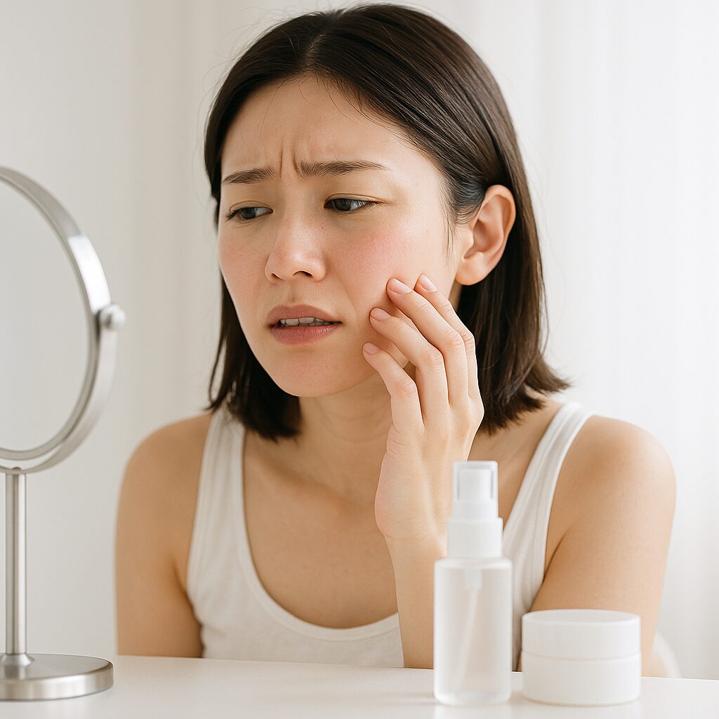 頬のかゆみやむずむずを気にしている女性の様子