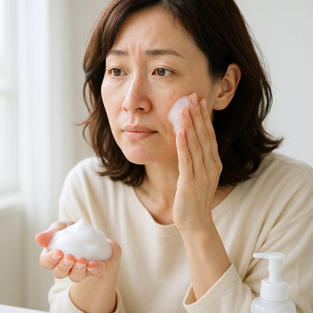 敏感肌の女性がやさしくクレンジングをなじませている様子