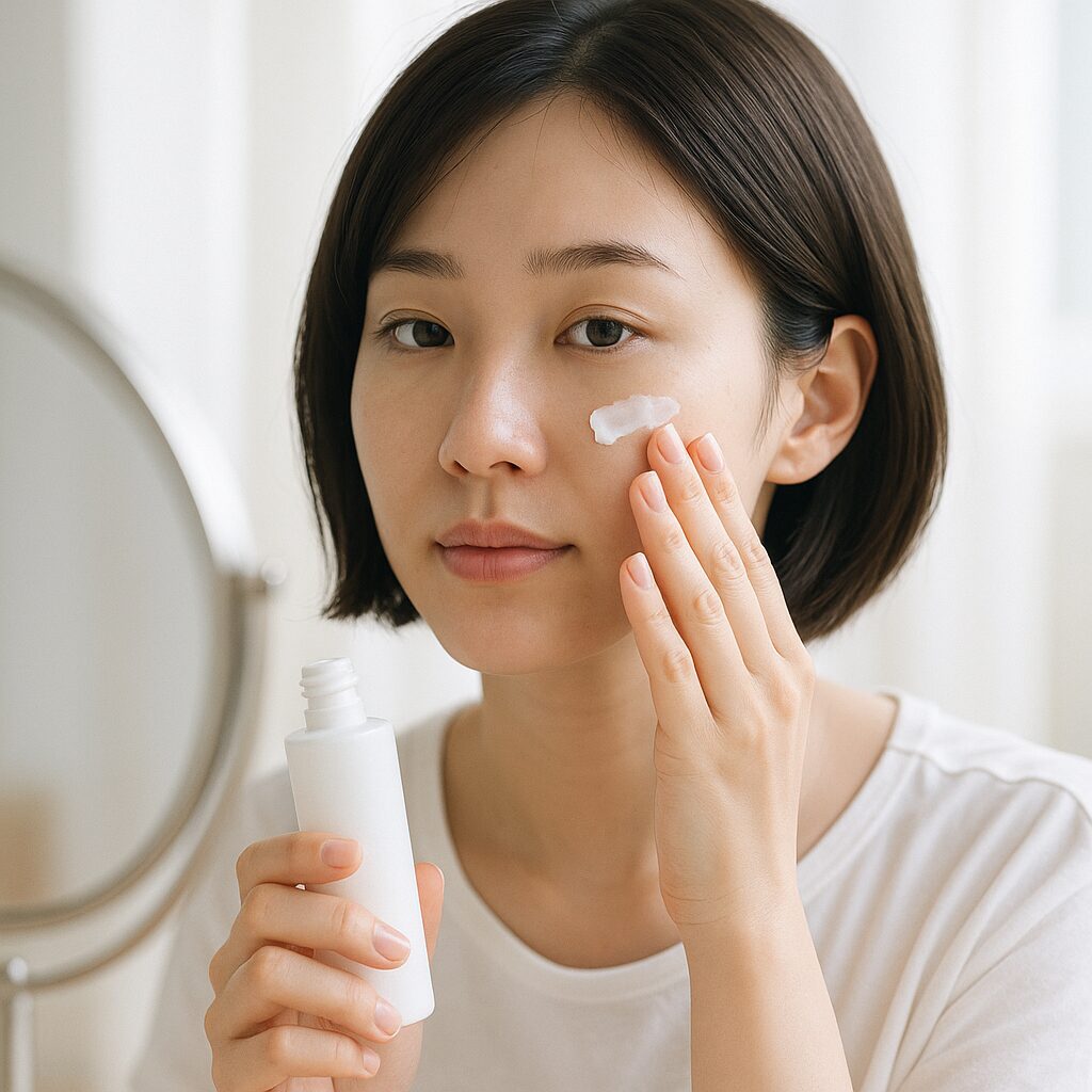 日焼け止めを顔にやさしくなじませている女性のイメージ