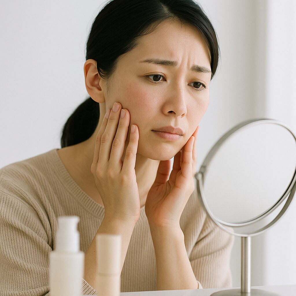 メイクがしみて頬のヒリつきを気にする女性