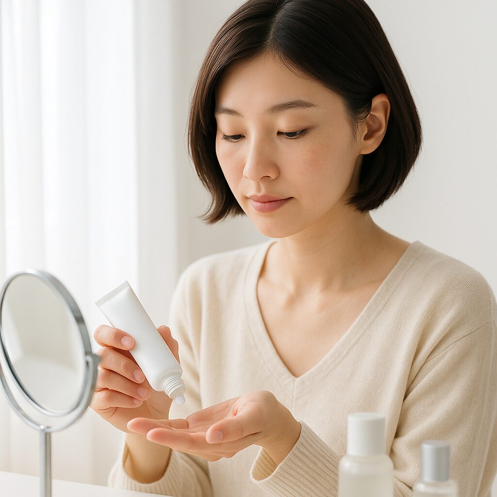 冬の朝に日焼け止めを手に取る女性