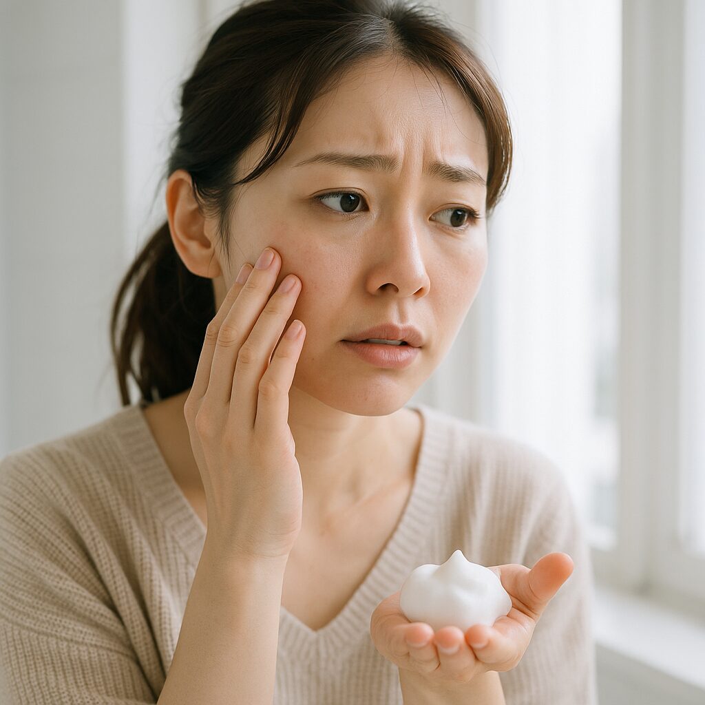 レチノール使用後の肌の様子を鏡でチェックしている女性