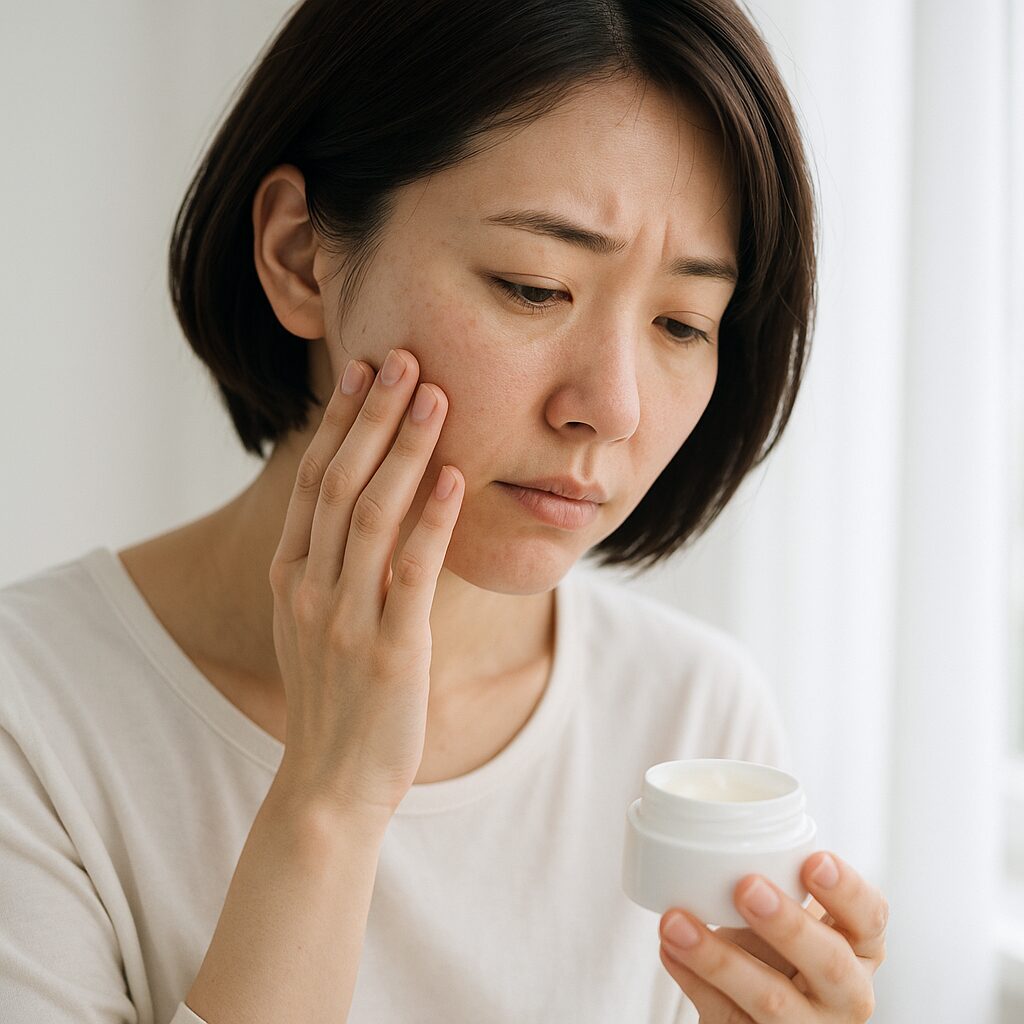 メイク前に鏡の前で肌状態を確認している女性