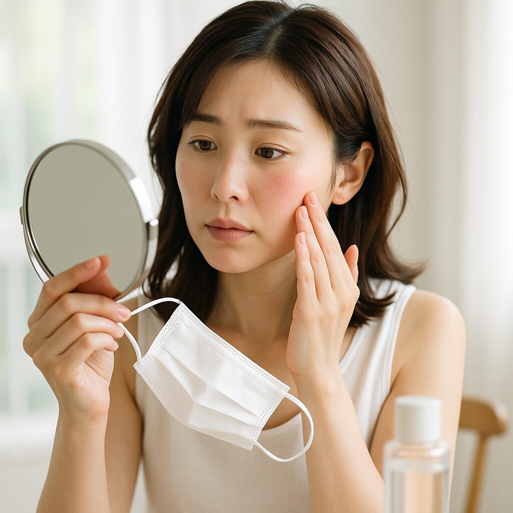 マスクを外して頬の赤みをチェックしている女性