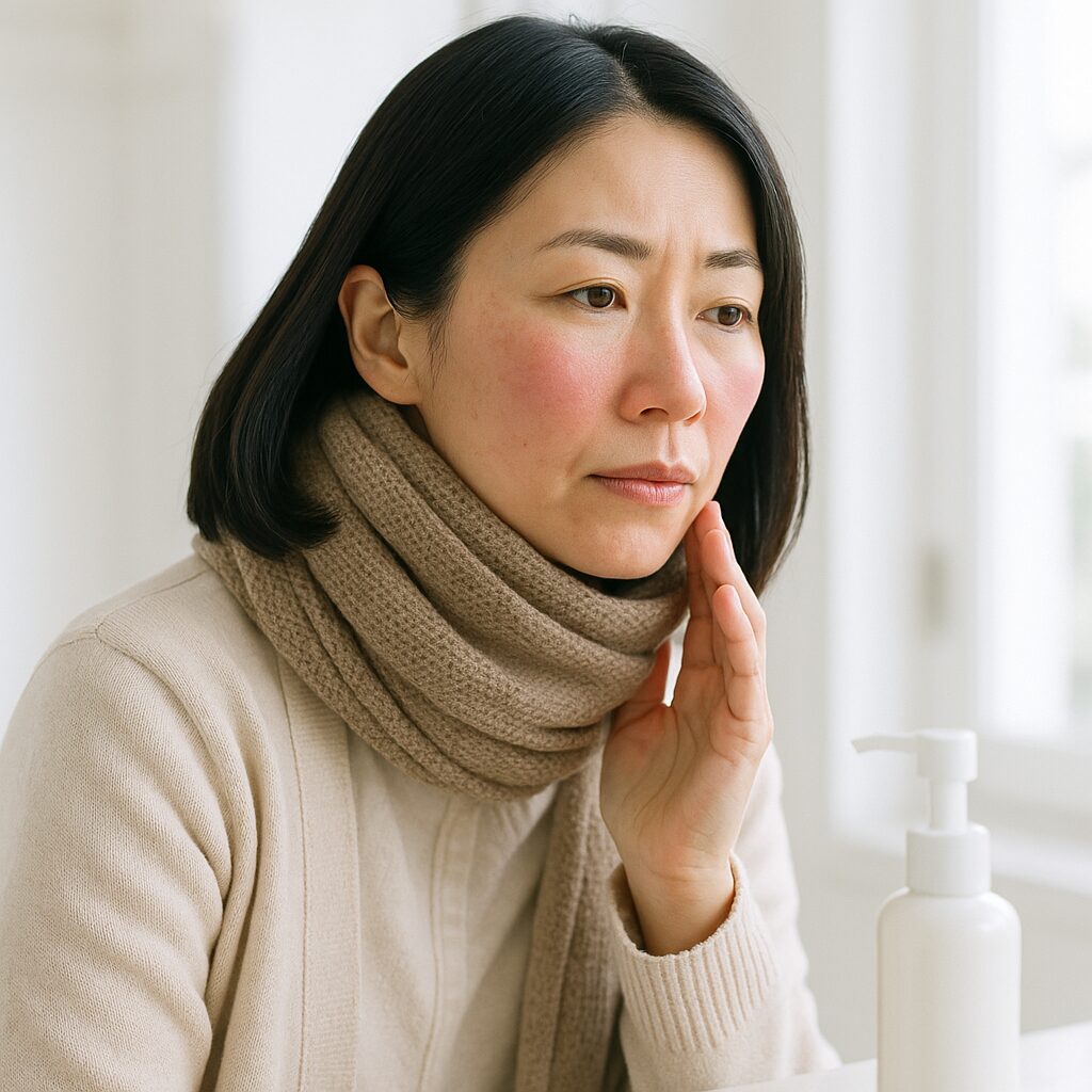 冷たい風に当たって頬が赤くなっている女性