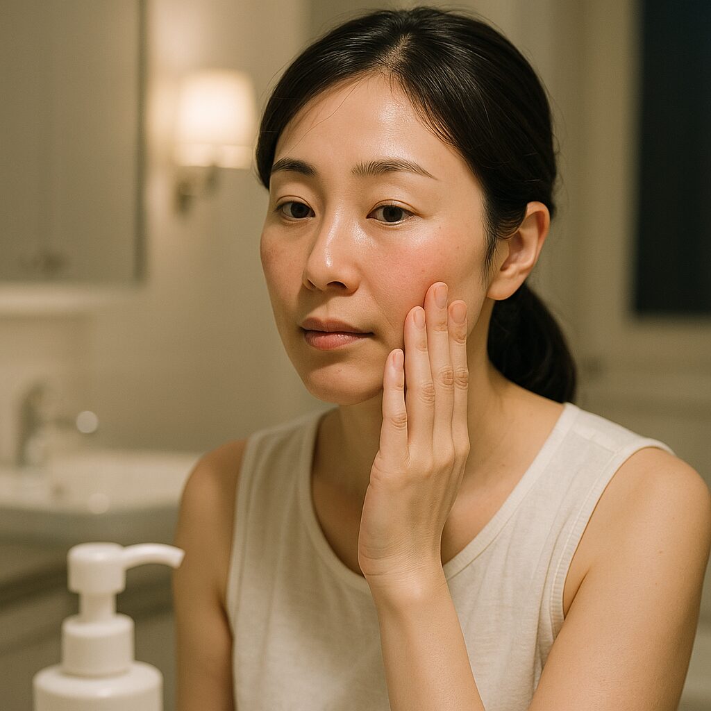 夜に自宅でクールダウンのスキンケアをしている女性