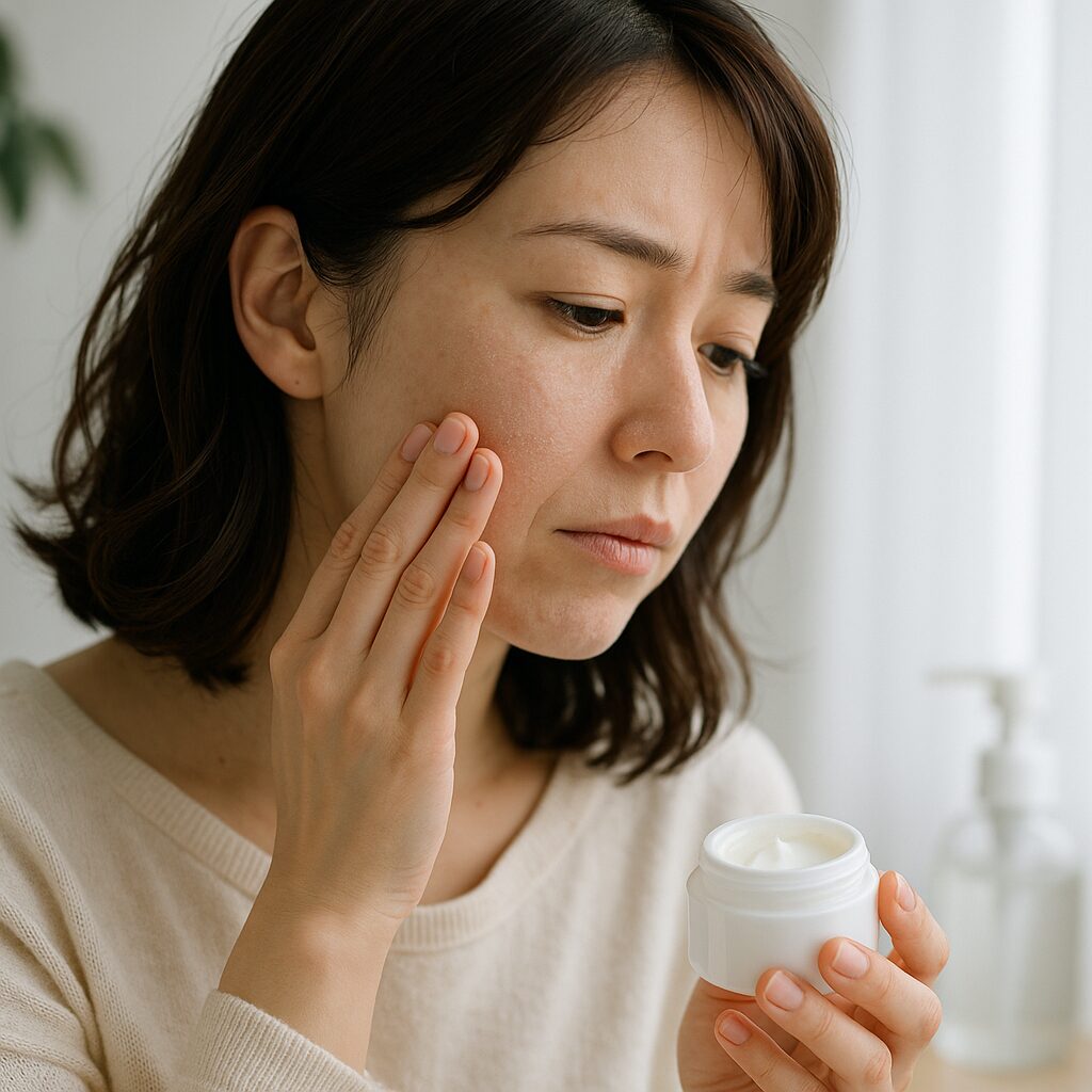 粉をふいた頬を気にしながら保湿クリームを手に取る女性