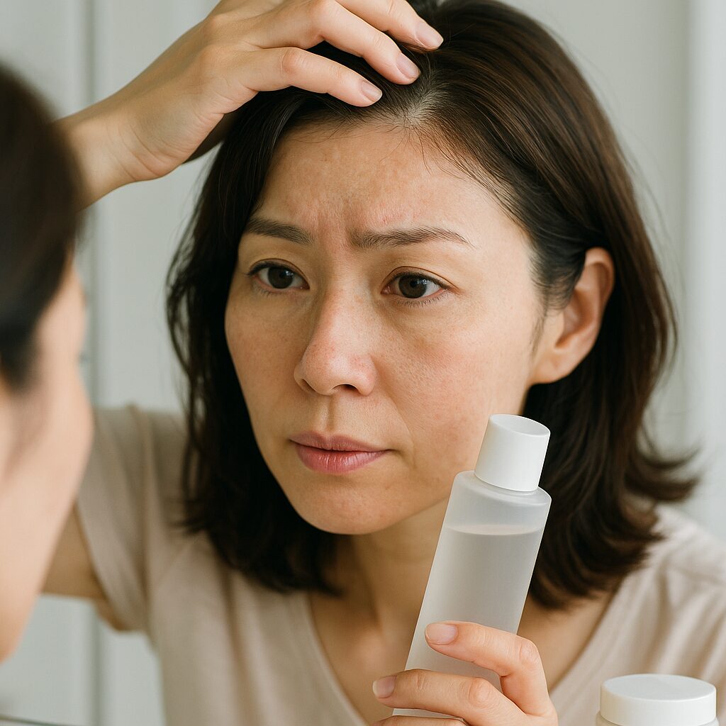 眉まわりと生え際の乾燥を鏡でチェックしている女性