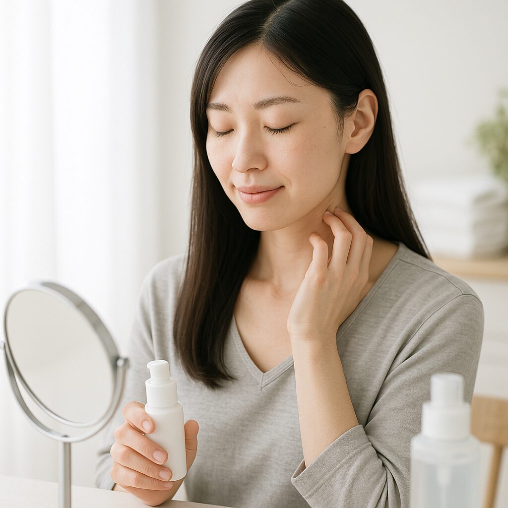 首のかゆみが気になり顔や首元をそっと触っている女性