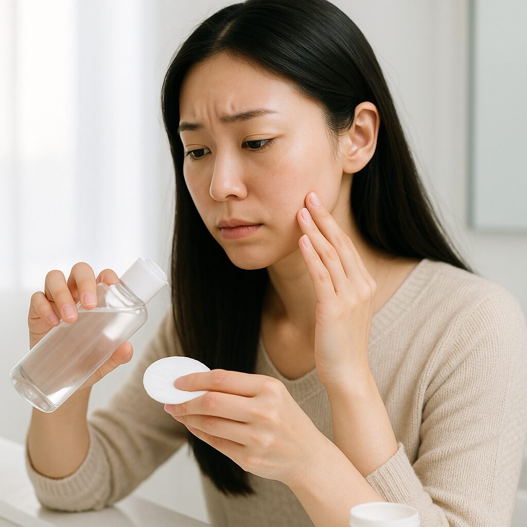 コットンに拭き取り化粧水を含ませている女性の手元
