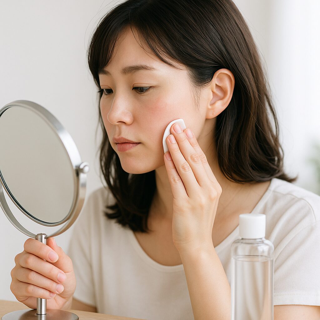 頬の赤みとピリつきを確認している女性の横顔