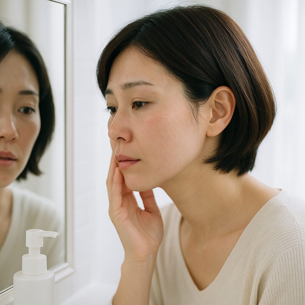 乳液を塗ったあとの頬の状態を気にしている女性