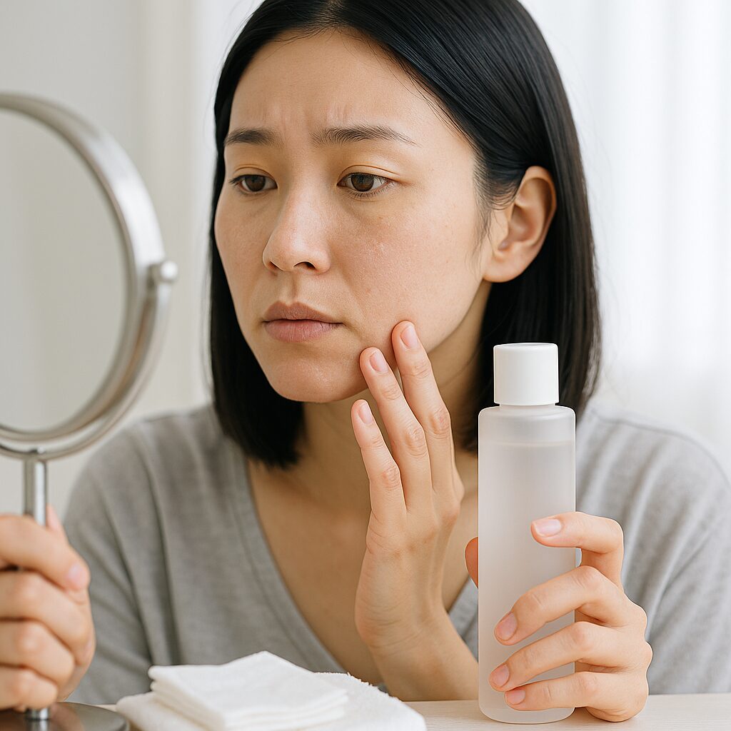 頬の粉ふきやつっぱりを気にしている女性の肌の様子