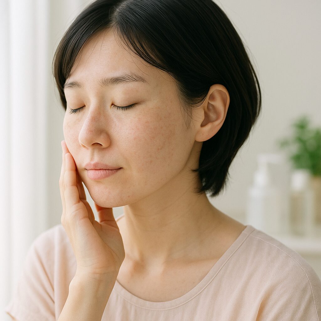 紫外線後の肌をやさしく触って状態を確かめている女性