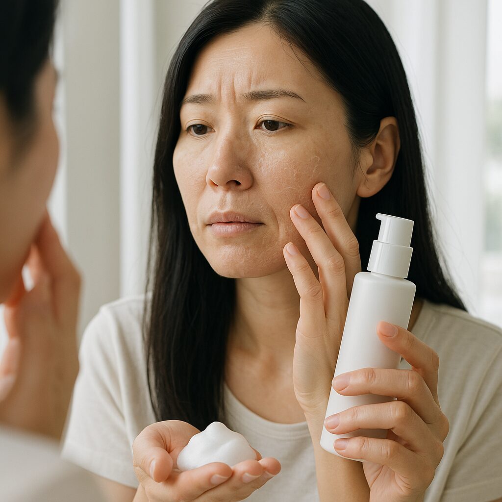 頬の粉ふきや皮むけを気にして鏡を見る女性
