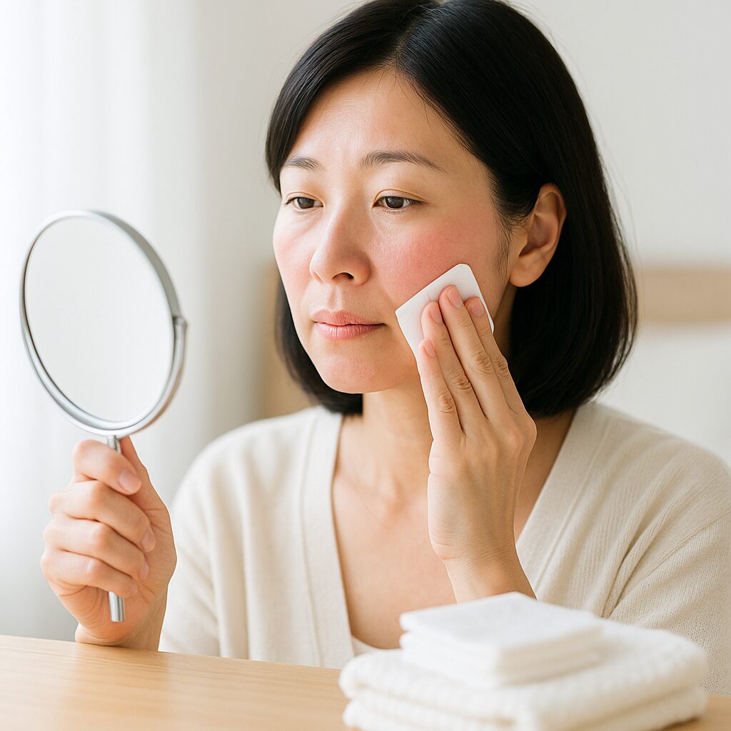 日差しを浴びたあとに顔のほてりを気にしている女性