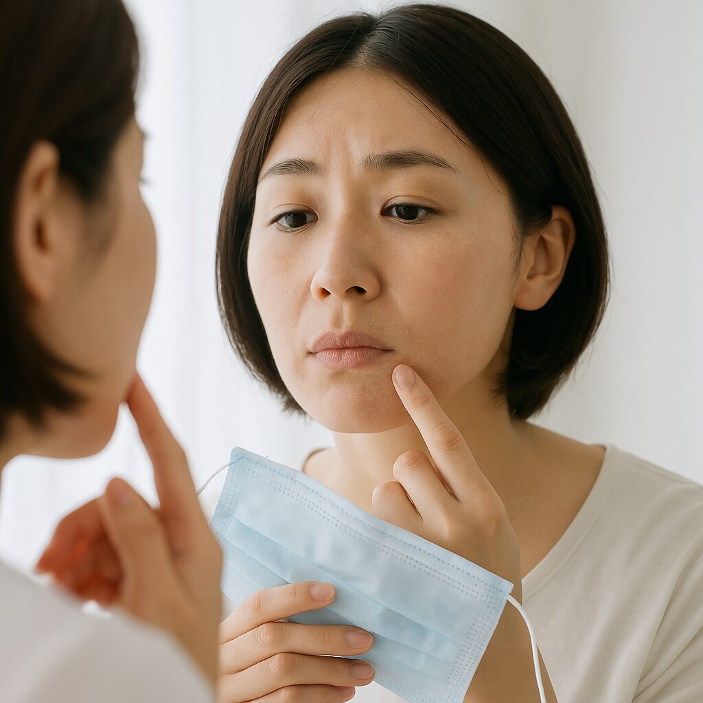 マスクを外して口まわりの乾燥をチェックする女性