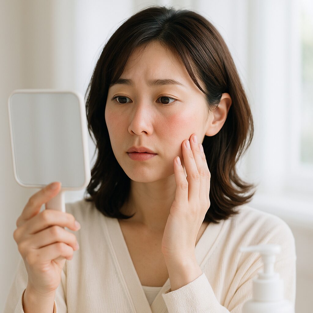 通勤電車の中で、ほてった頬にそっと手をあてている女性