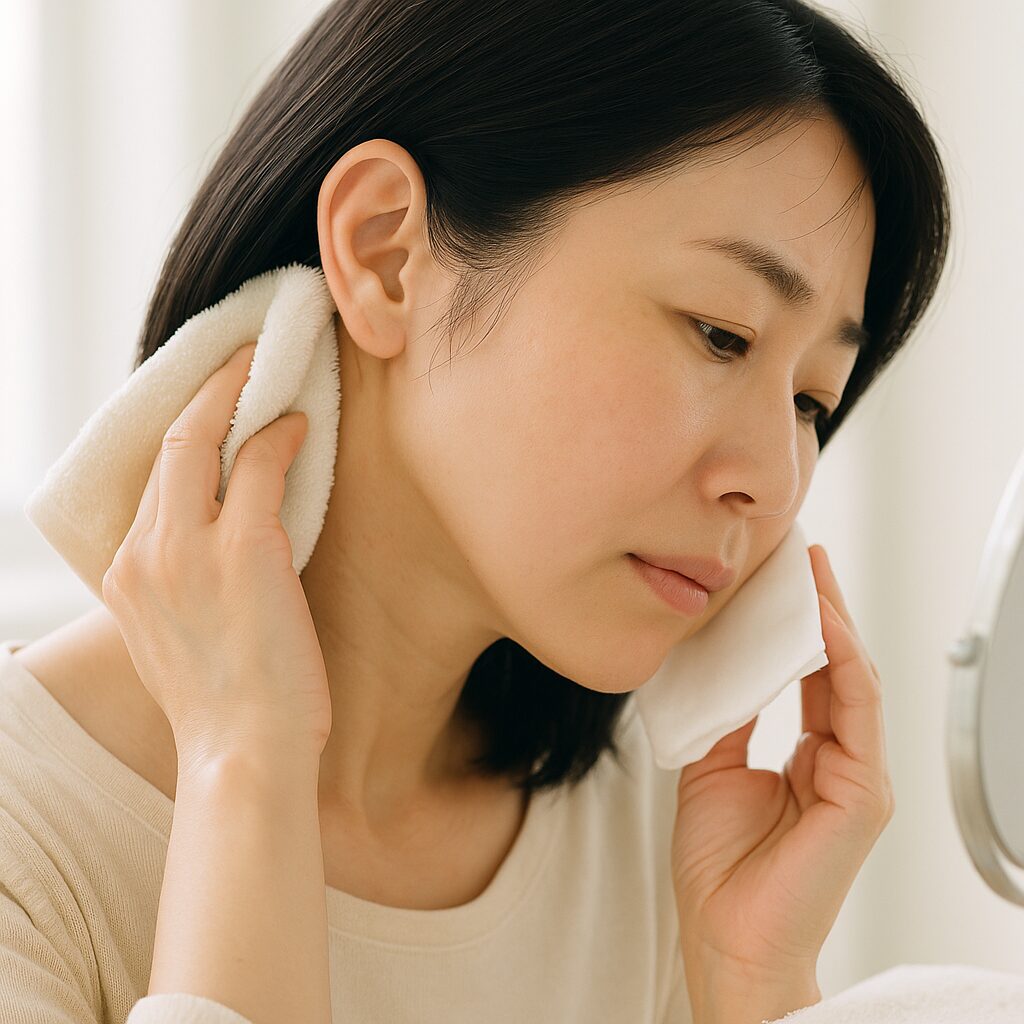 首まわりと生え際の汗をやさしく拭き取る女性