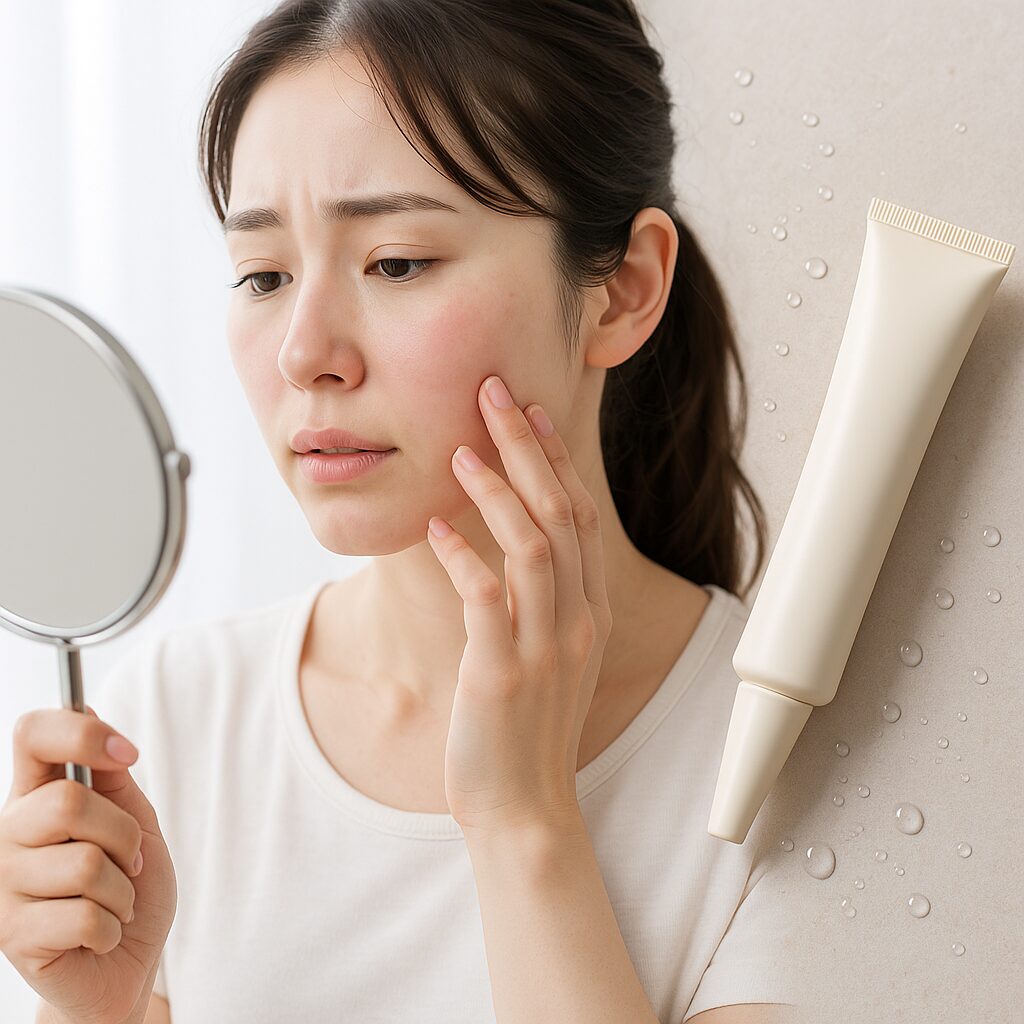 頬の軽い赤みやかゆみを確認している女性