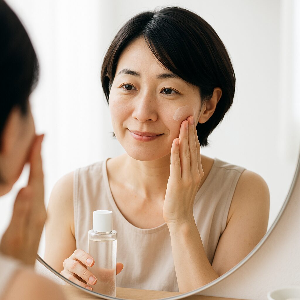 メイク前にスキンケアで肌を整えている女性