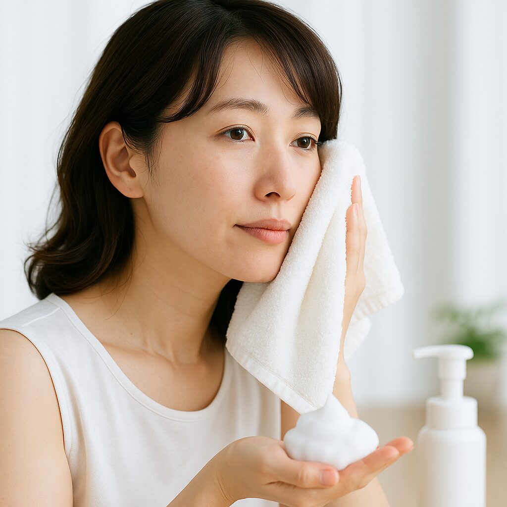 白いタオルで顔をやさしく押さえている女性