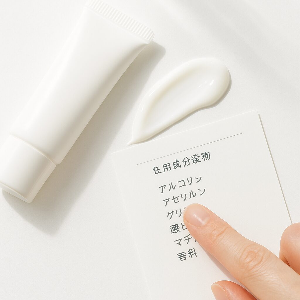 日焼け止めの成分表示を確認している様子