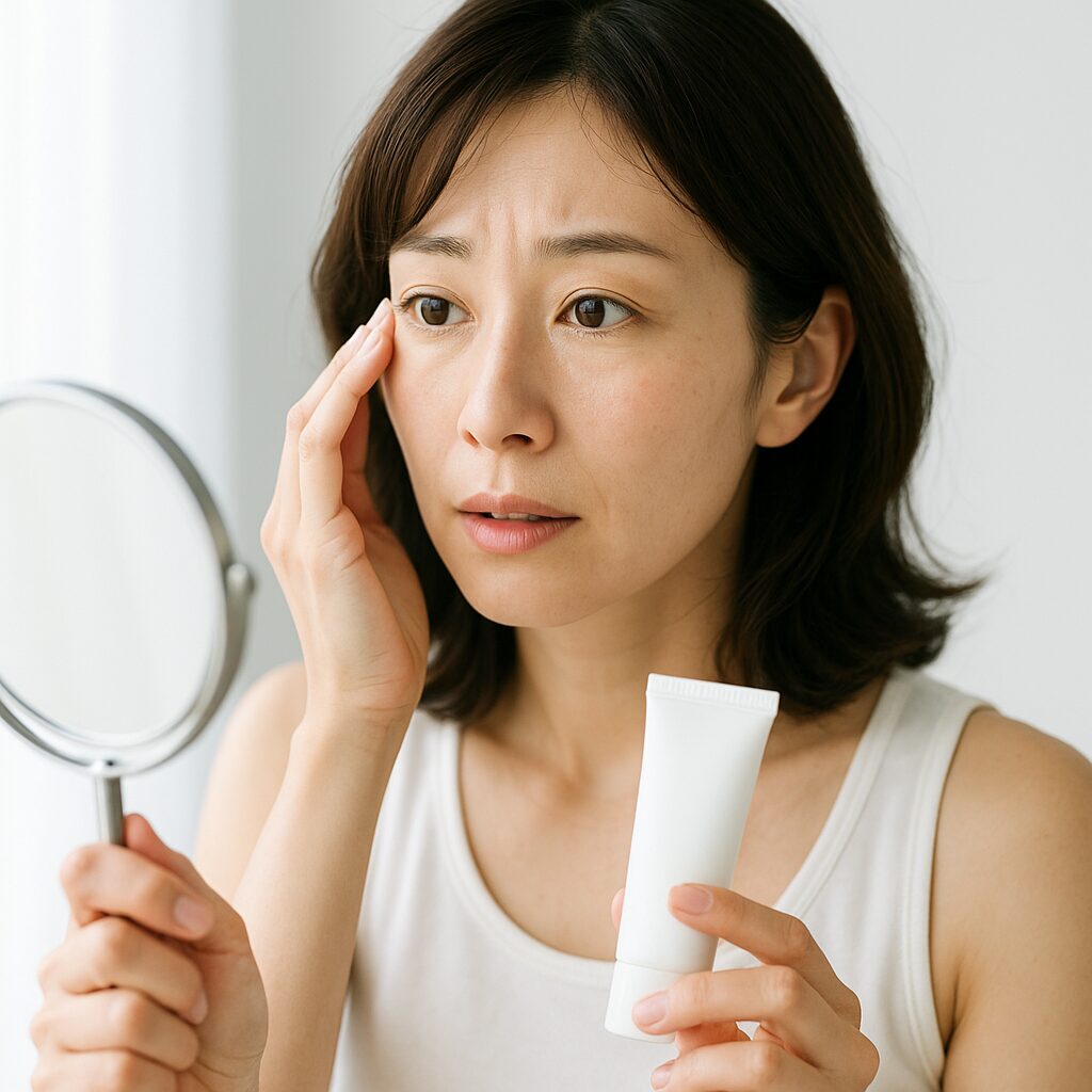 目のまわりの日焼け止めのしみを気にしている女性