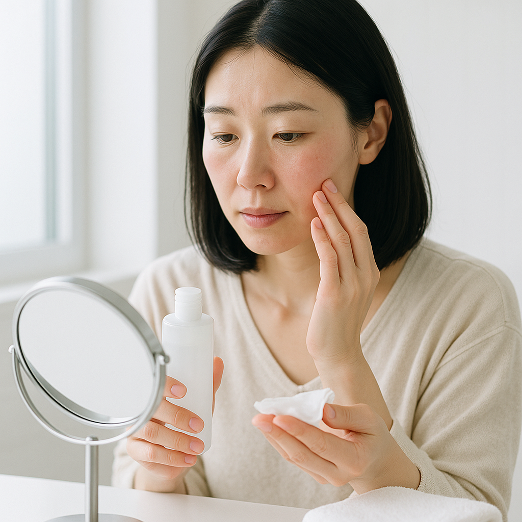 お風呂上がりに頬の赤みを気にしている女性