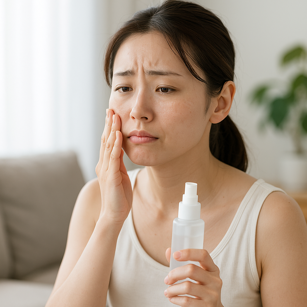 夏の室内でスキンケアをしながら肌の乾燥を気にしている女性