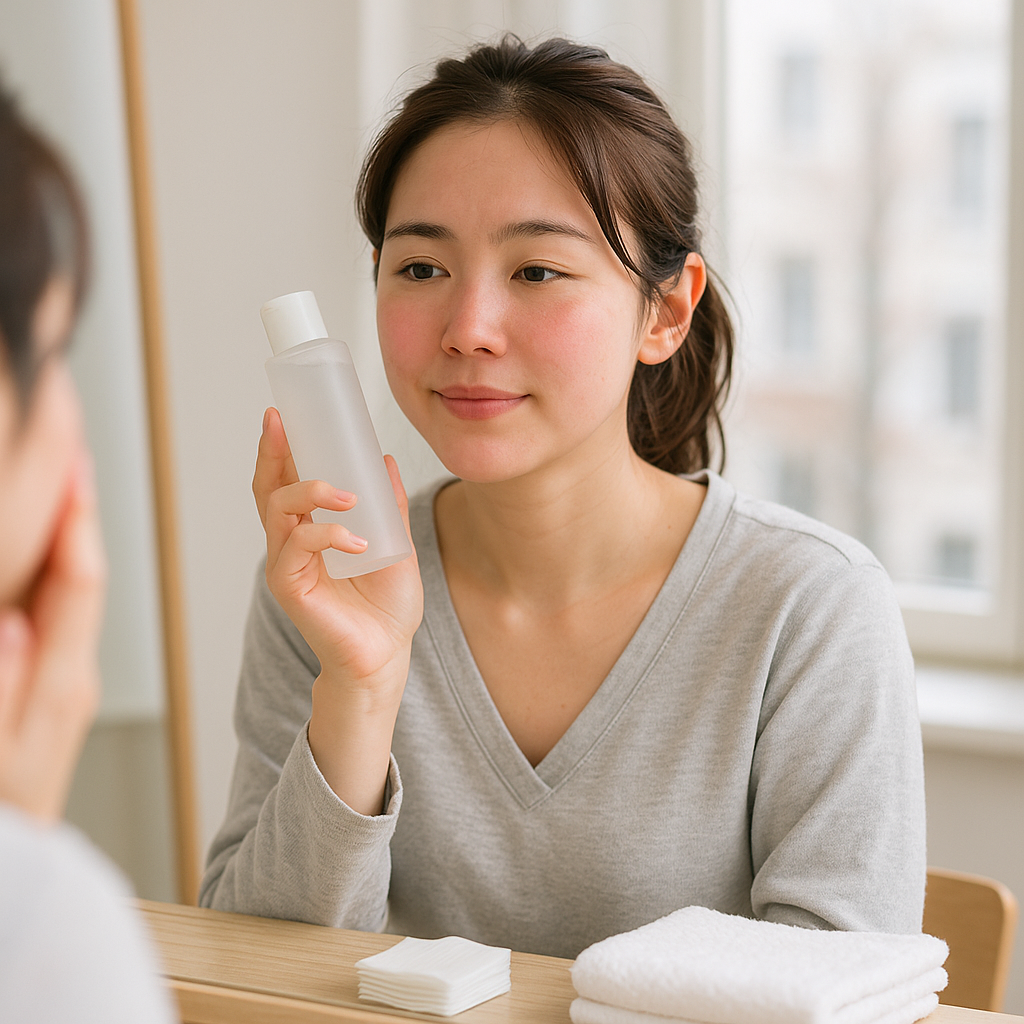 暖かい室内と寒い屋外を行き来して頬のほてりを気にしている女性