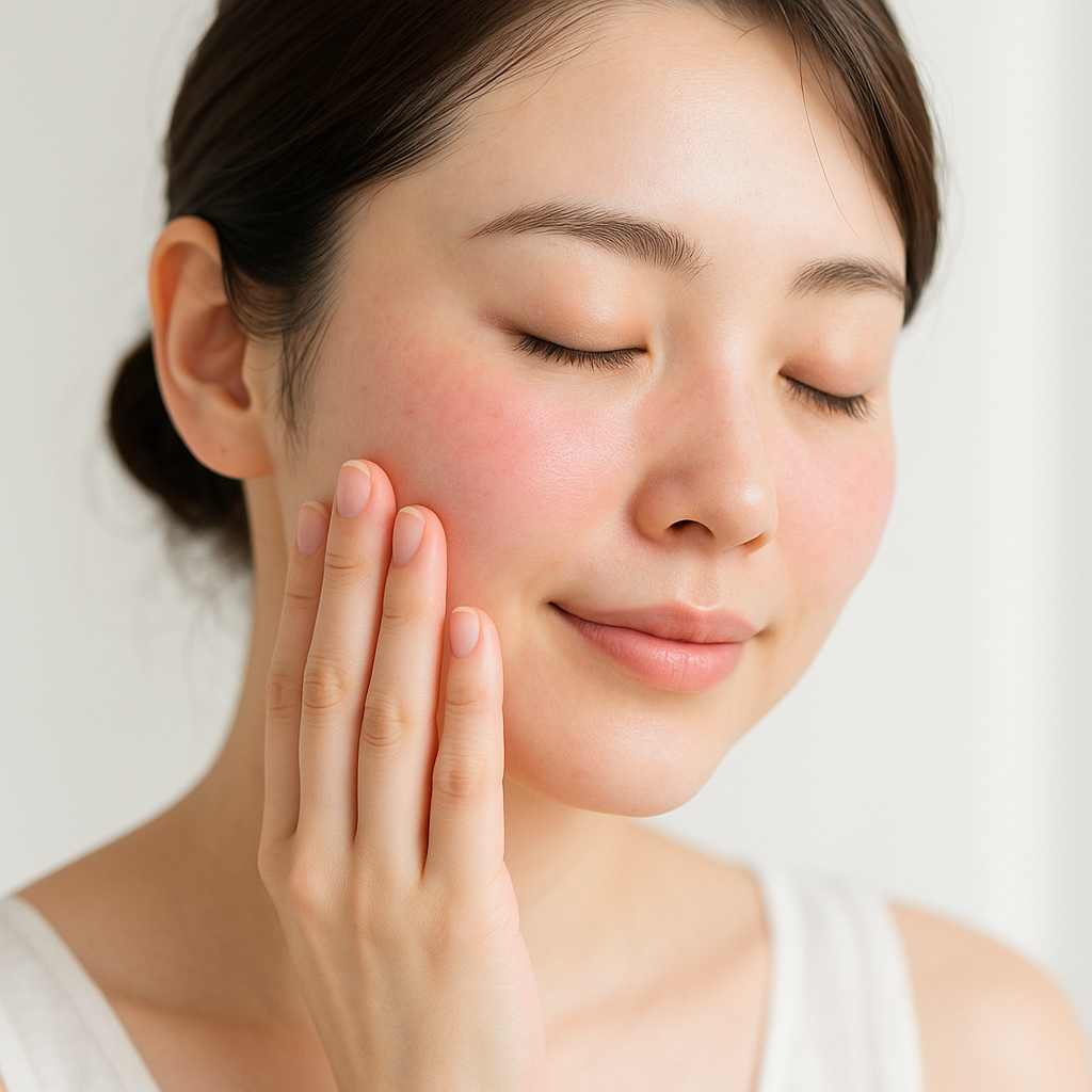 赤くほてった頬にそっと触れて様子をうかがう女性