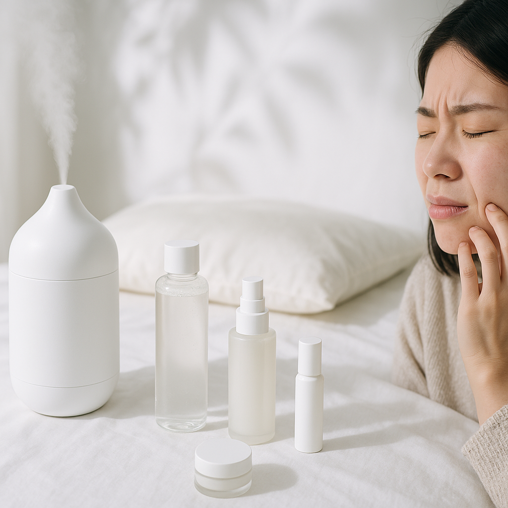 夜のかゆみに関わる環境やスキンケア用品のイメージ