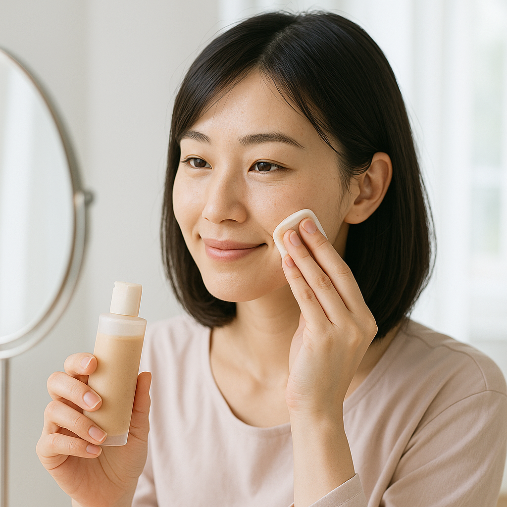ファンデーションの仕上がりを鏡でチェックする女性