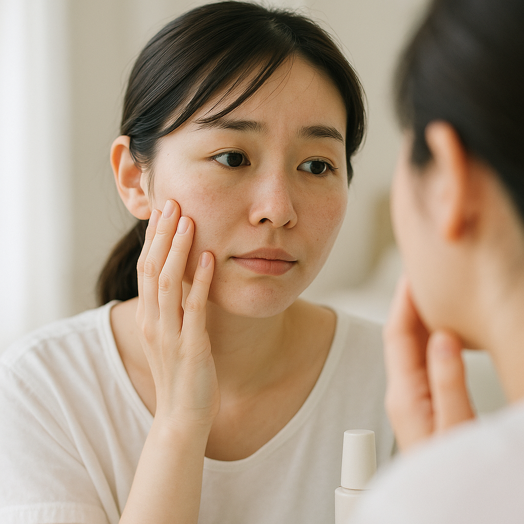 メイクのりが悪くなった頬を気にしている女性