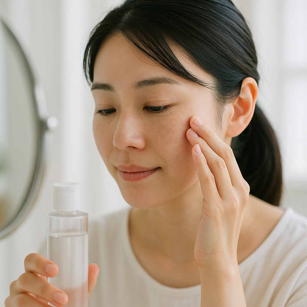 鏡の前で目元のヒリつきを気にしている女性