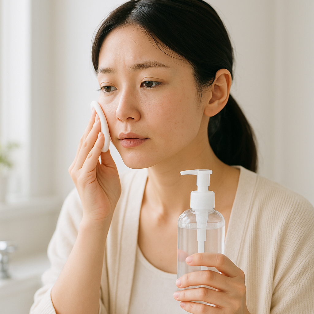 ふき取りクレンジングを手に持つ女性のイメージ