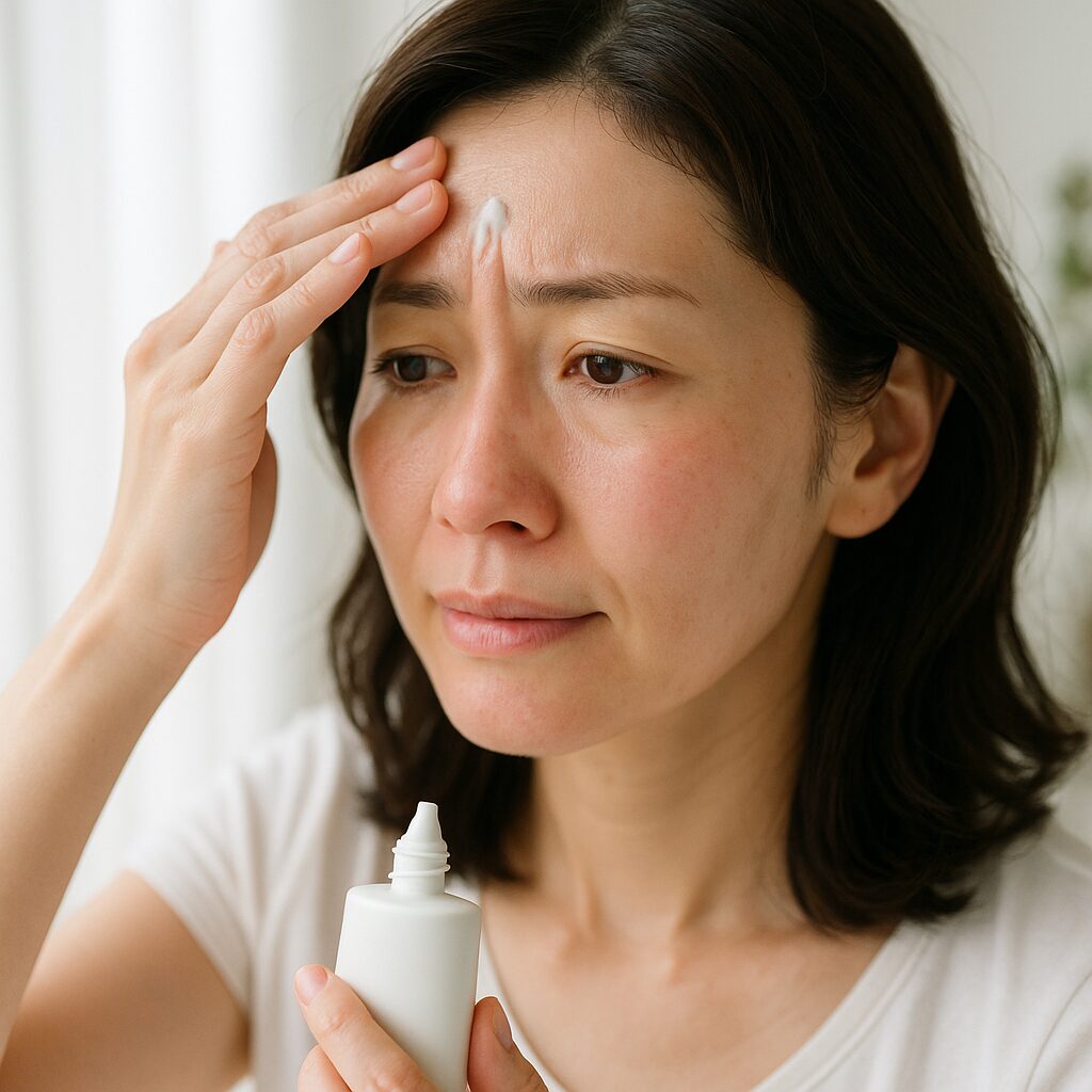 額に日焼け止めを塗ろうとしている女性