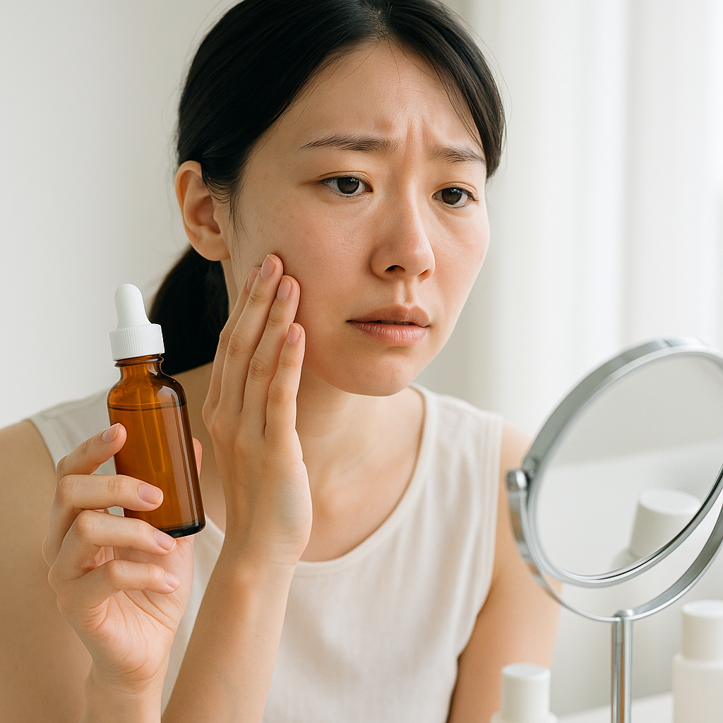 ビタミンCコスメを前に、使うかどうか迷っている女性