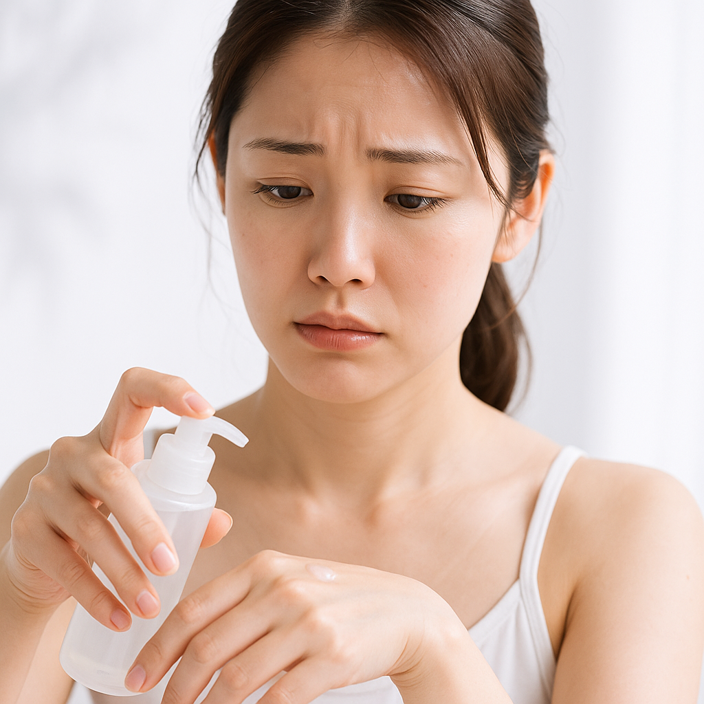 化粧品を手の甲でパッチテストしている女性