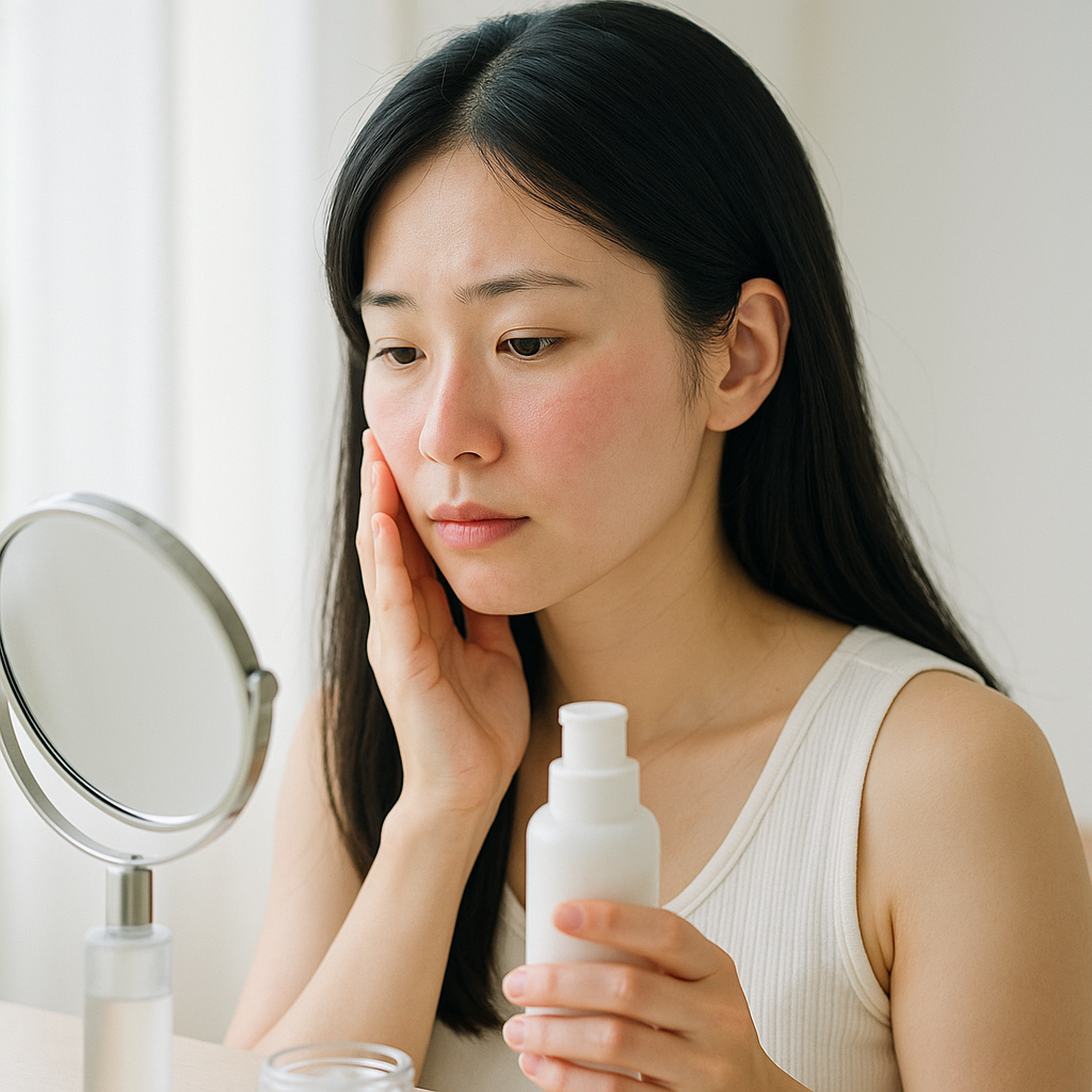 朝の洗面台で顔の赤みを気にして鏡を見る女性