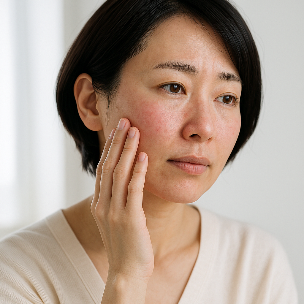 スキンケア後に頬の赤みが気になる女性の顔アップ
