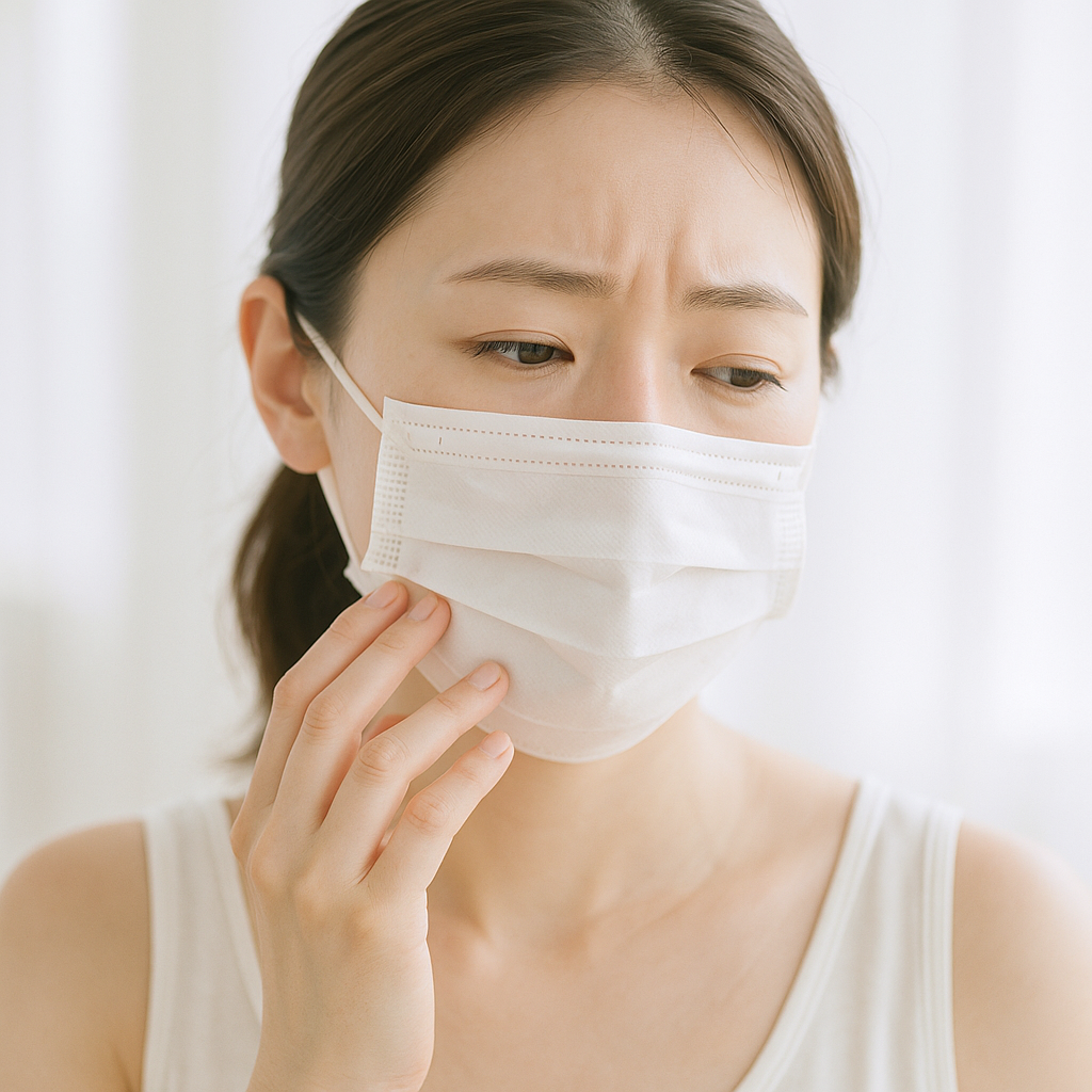 マスク着用時の肌のかゆみを気にしてほほを触る女性