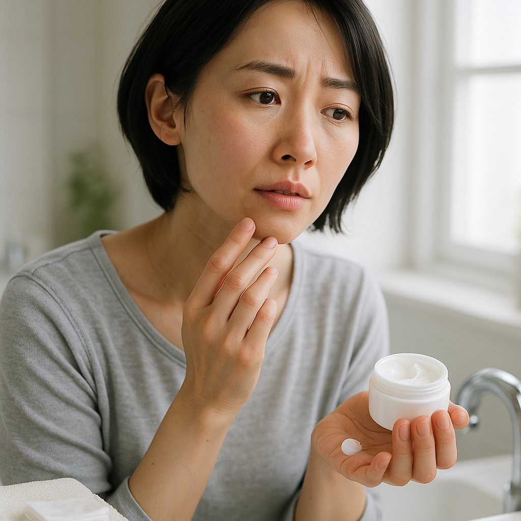 クリームを手に取りスキンケアをしようとしている女性