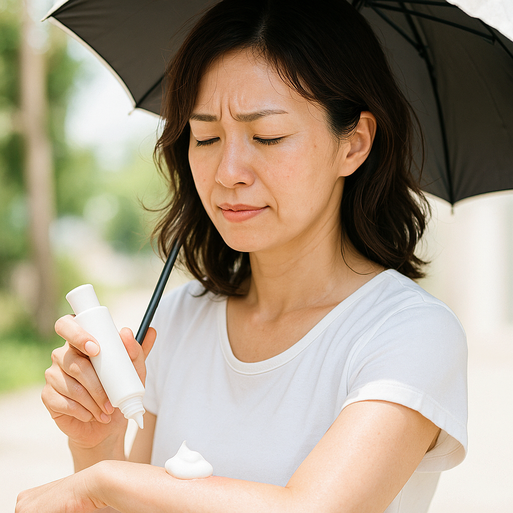 夏の日差しの中で日焼け止めを塗る女性のイメージ
