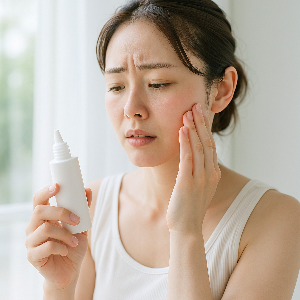 日焼け止めを塗る前に肌の様子をチェックしている女性